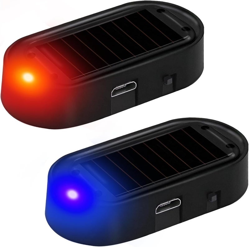 NYTKL 2PCS Car Solar Power Simulated Dummy Alarm, Anti-Theft Car Warning Light Fake Lamp with Light Sensor, Automotive Interior LED Flashing Security Lights with USB Charger Port (Blue+Red) - Image 1